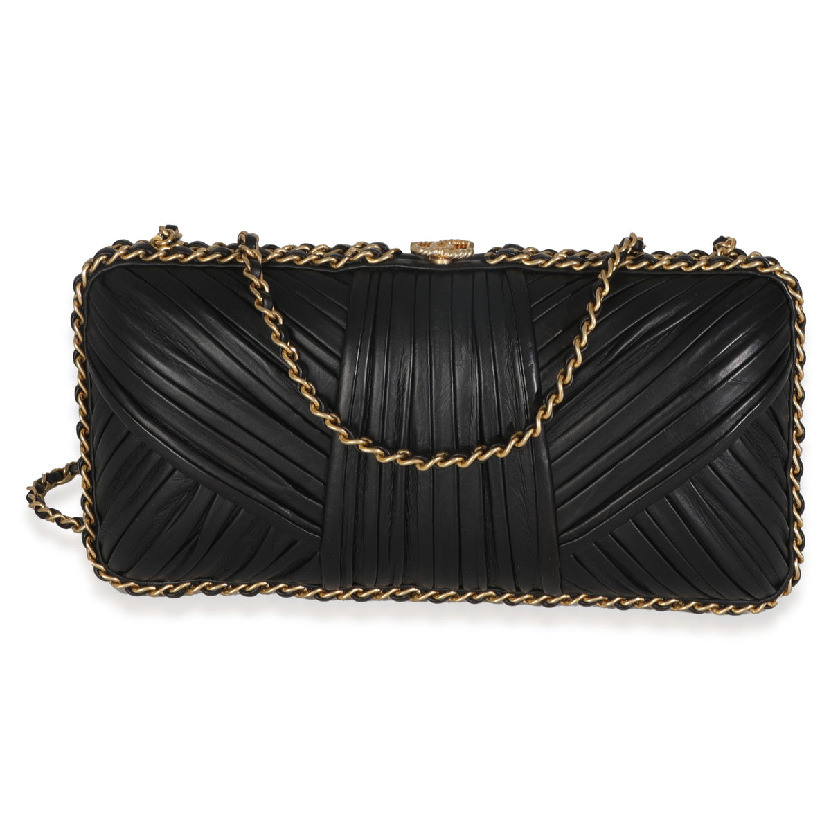 Black Pleated Lambskin Chain Around Clutch