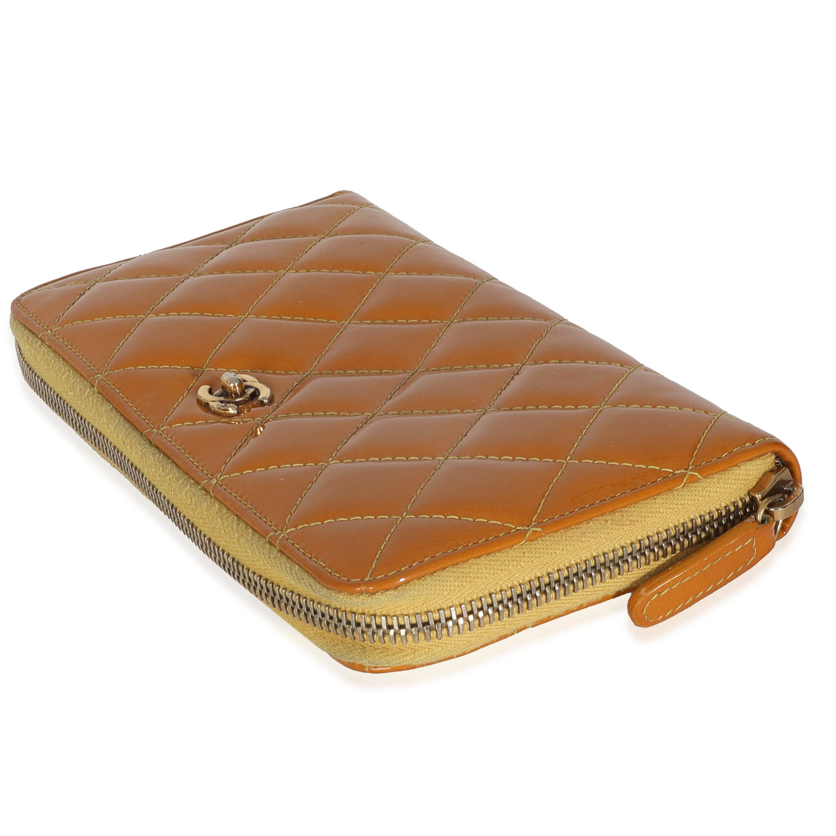 Chanel Yellow Quilted Patent Brilliant Zip Around Wallet Handbag box