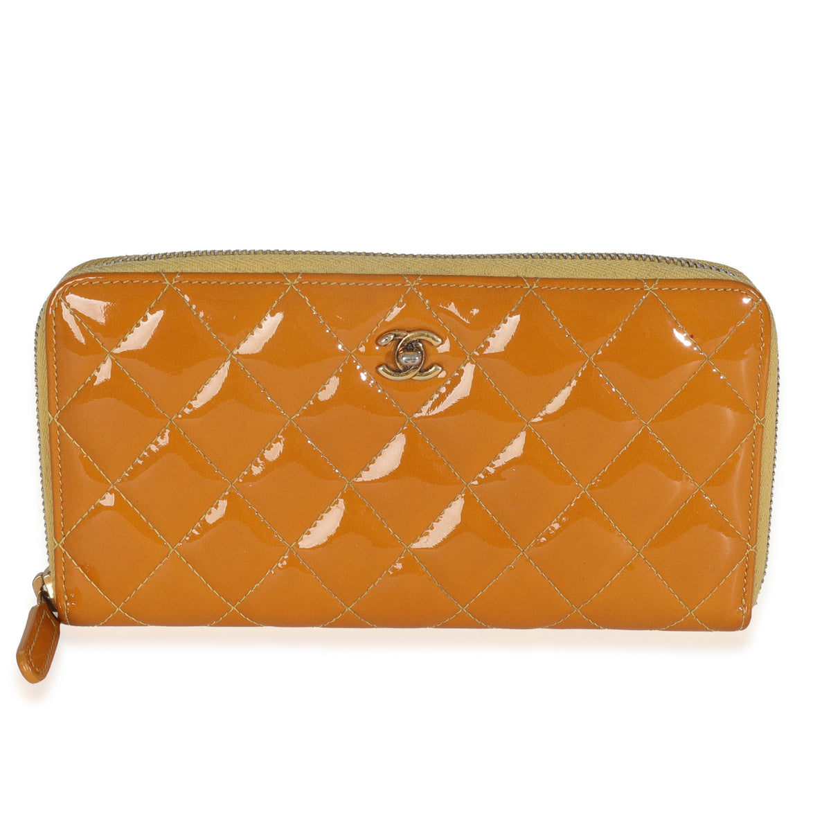 Chanel Yellow Quilted Patent Brilliant Zip Around Wallet Handbag fv
