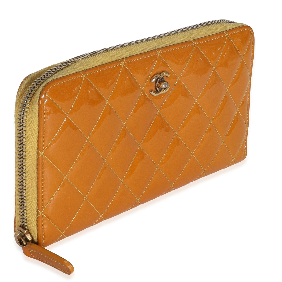 Chanel Yellow Quilted Patent Brilliant Zip Around Wallet Handbag pv