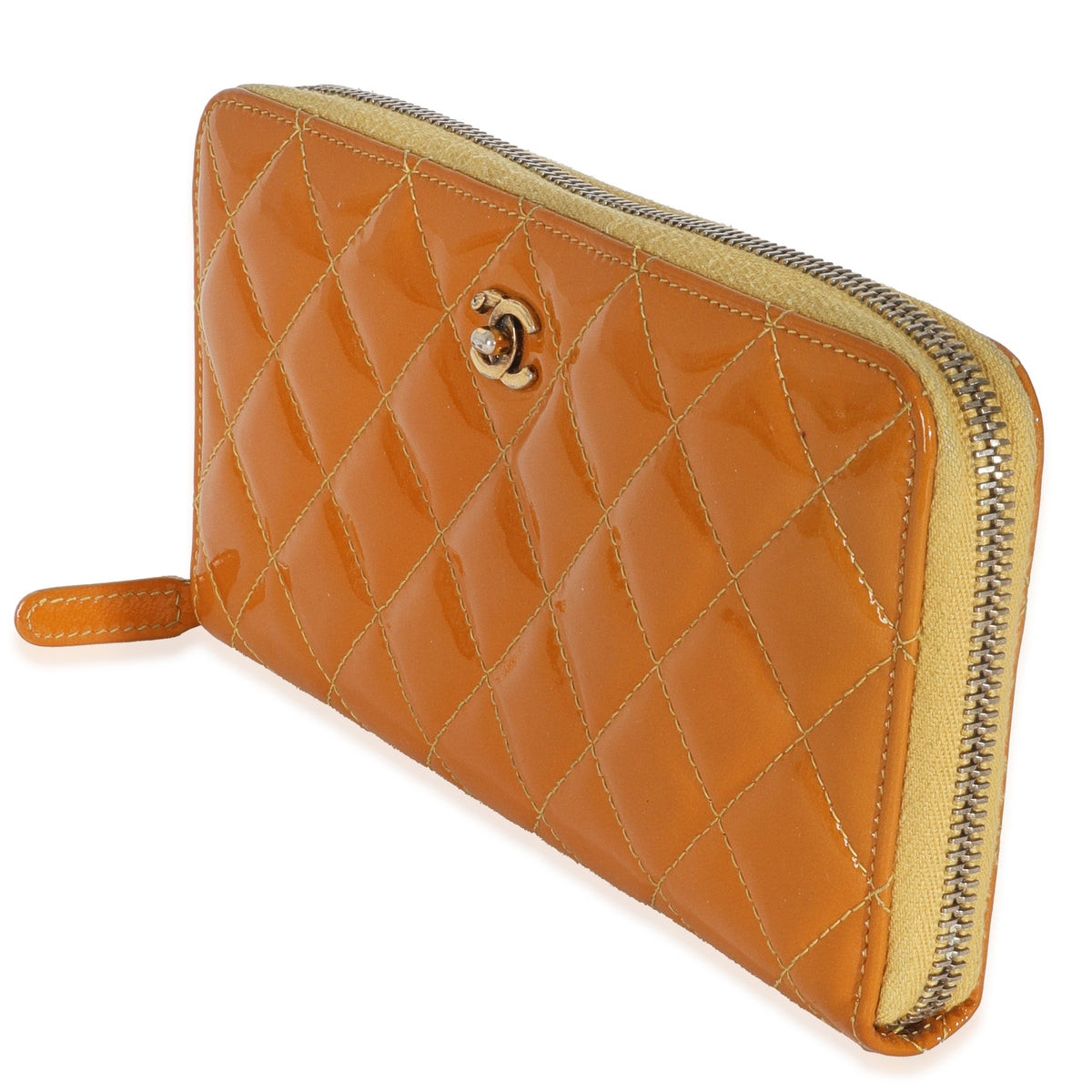 Chanel Yellow Quilted Patent Brilliant Zip Around Wallet Handbag sv