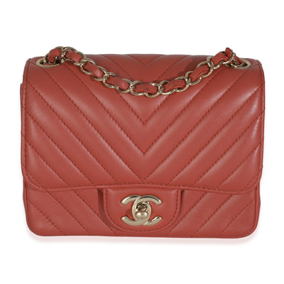 Coral Chevron Calfskin Quilted Mini Square Flap Bag