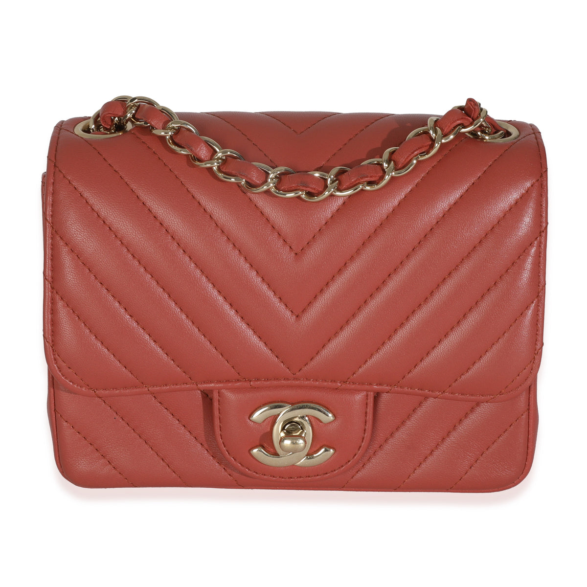 Coral Chevron Calfskin Quilted Mini Square Flap Bag
