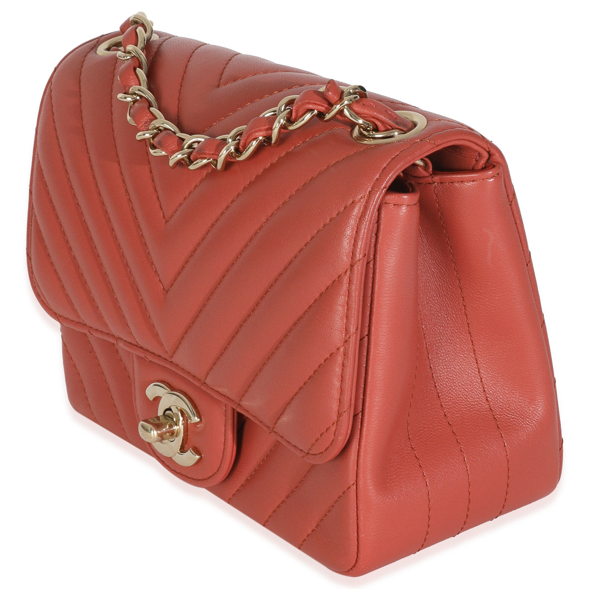 Coral Chevron Calfskin Quilted Mini Square Flap Bag