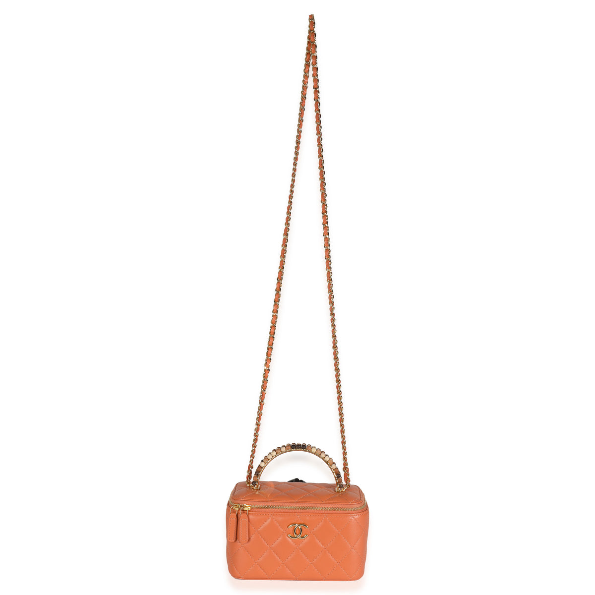 Orange Quilted Lambskin Beaded Small Top Handle Vanity Case With Chain