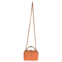 Orange Quilted Lambskin Beaded Small Top Handle Vanity Case With Chain