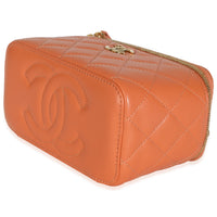 Orange Quilted Lambskin Beaded Small Top Handle Vanity Case With Chain