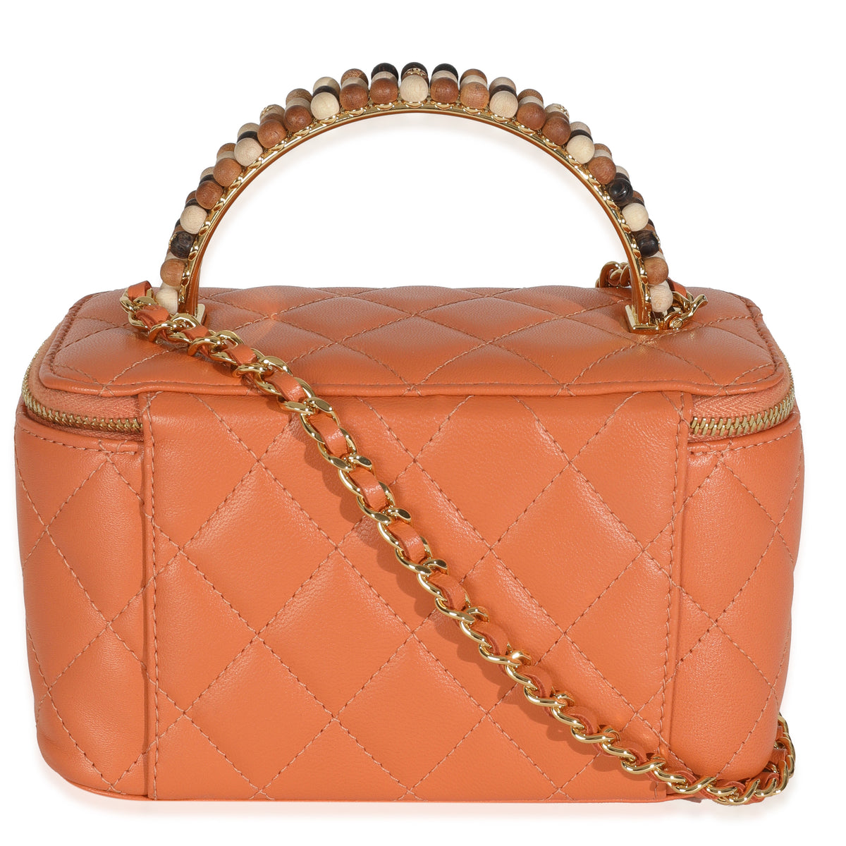 Orange Quilted Lambskin Beaded Small Top Handle Vanity Case With Chain