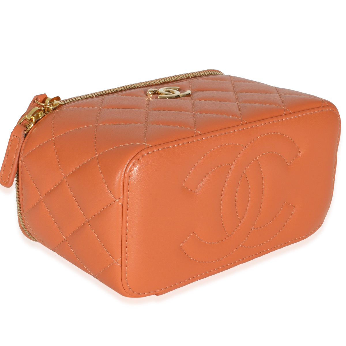 Orange Quilted Lambskin Beaded Small Top Handle Vanity Case With Chain