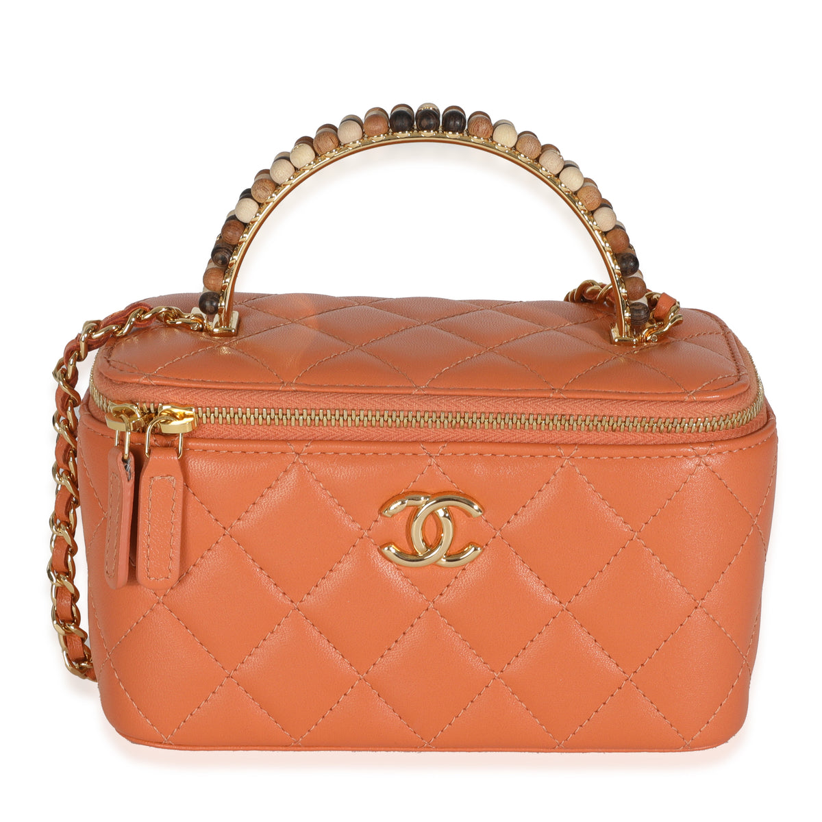 Orange Quilted Lambskin Beaded Small Top Handle Vanity Case With Chain
