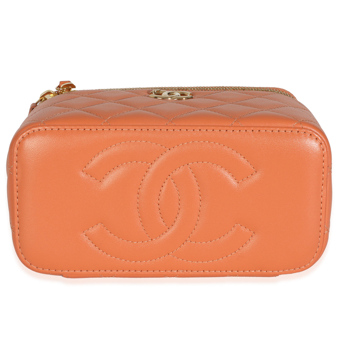 Orange Quilted Lambskin Beaded Small Top Handle Vanity Case With Chain