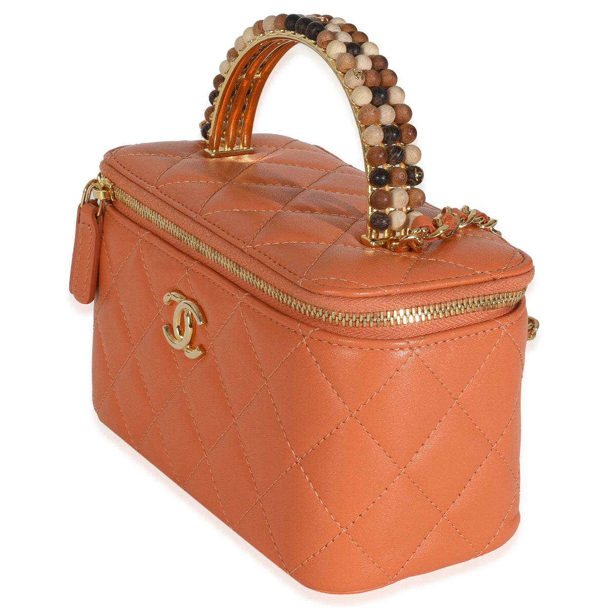 Orange Quilted Lambskin Beaded Small Top Handle Vanity Case With Chain