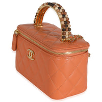 Orange Quilted Lambskin Beaded Small Top Handle Vanity Case With Chain