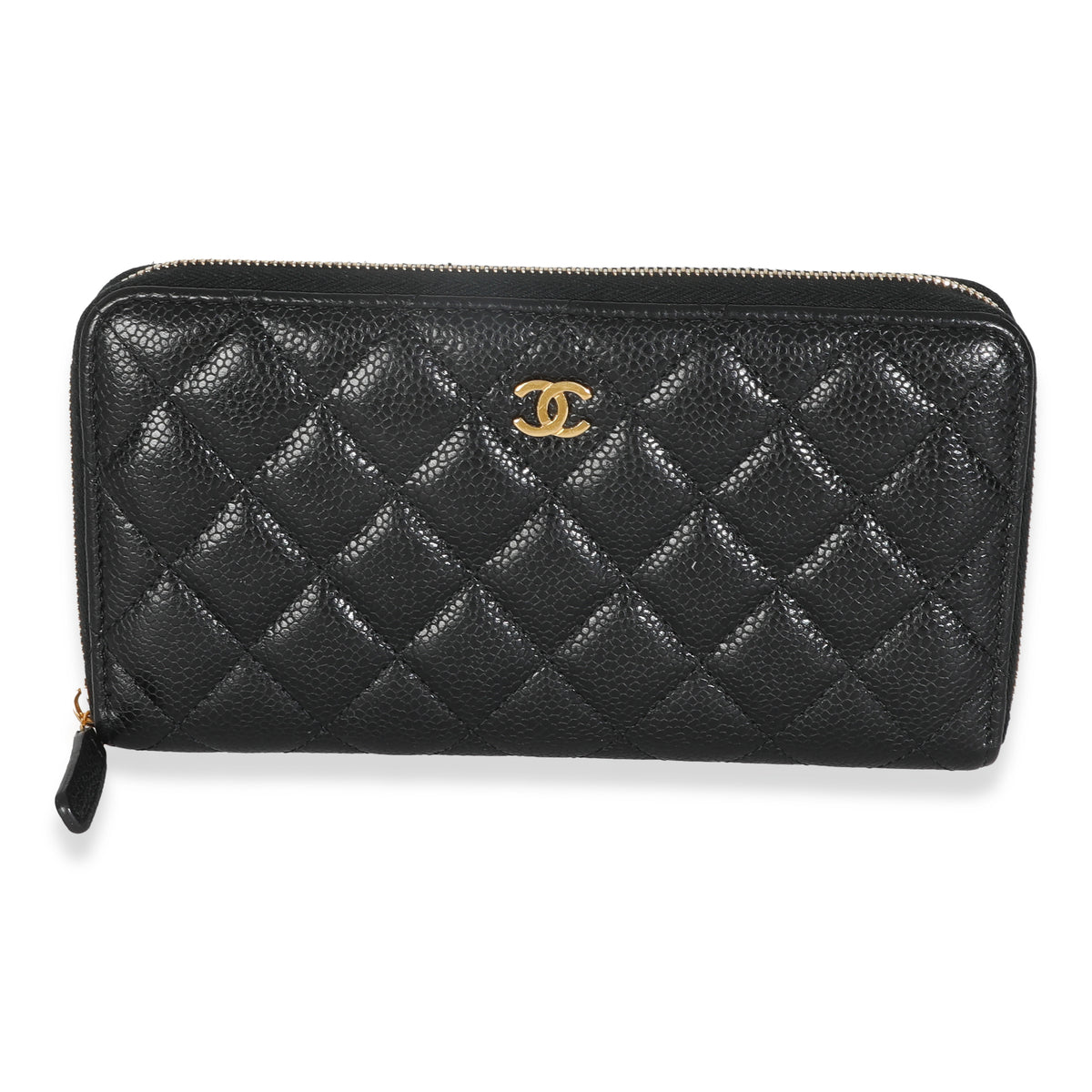 Black Quilted Caviar Large Zip Around Wallet