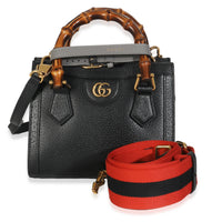 Black Textured Dollar Calfskin Web Mini Diana Tote Bag