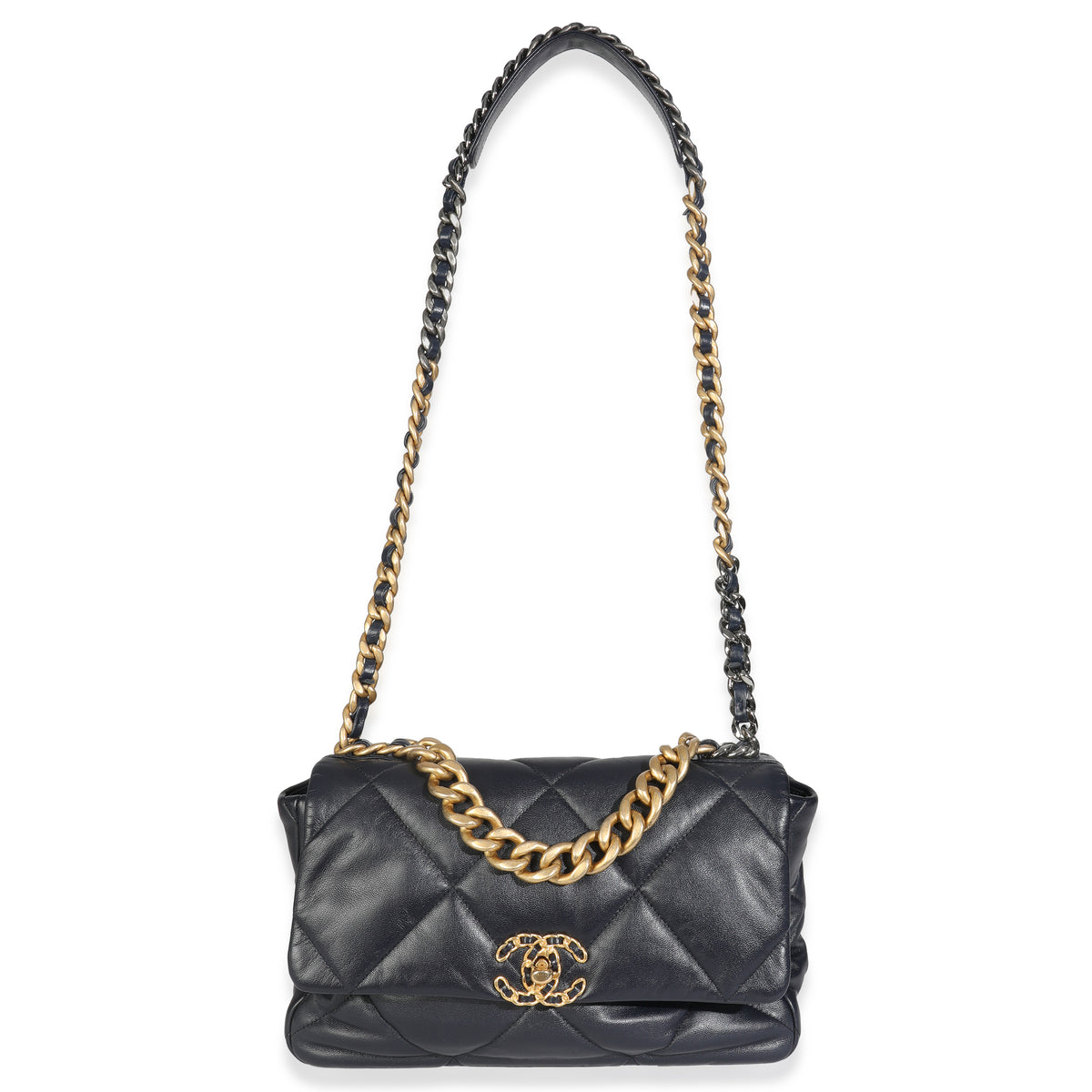 Navy Quilted Shiny Lambskin Medium Chanel 19 Flap Bag