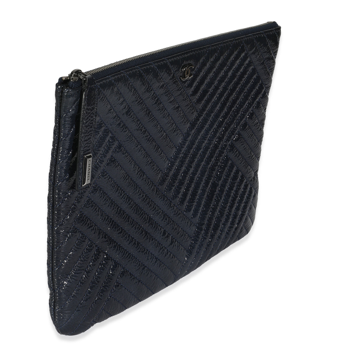 Chanel Grey Distressed Patent Medium CC Crossing Cosmetic Case Handbag pv
