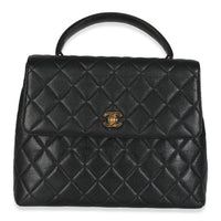 23K Vintage Black Quilted Caviar Kelly Top Handle Bag