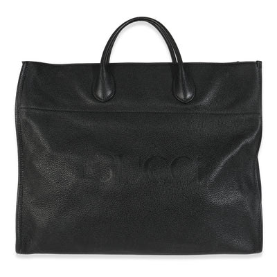Black Pebbled Leather Large Logo Tote Bag