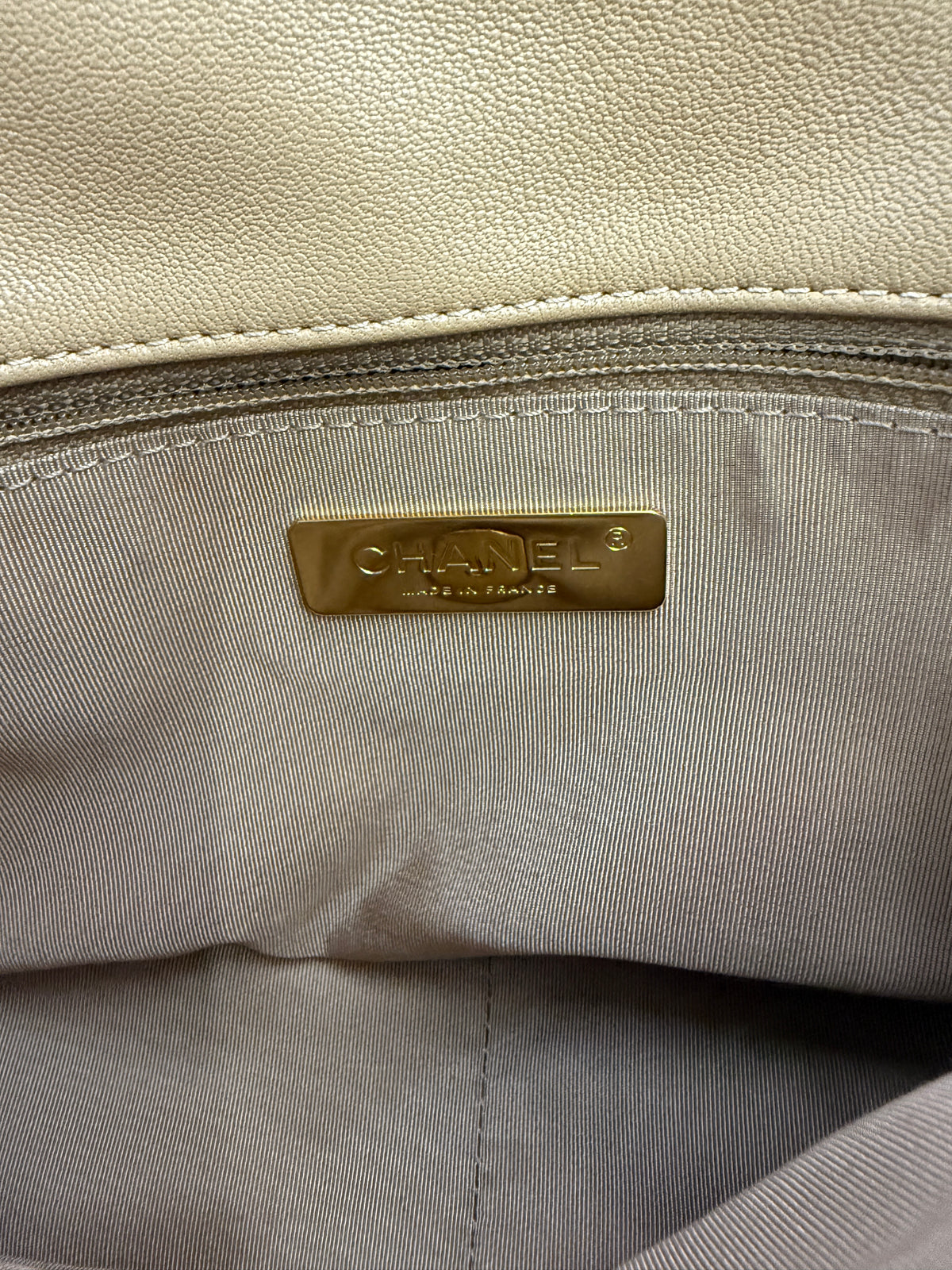 Beige Quilted Lambskin Chanel 19 Flap Bag