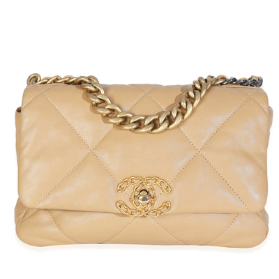 Beige Quilted Lambskin Chanel 19 Flap Bag