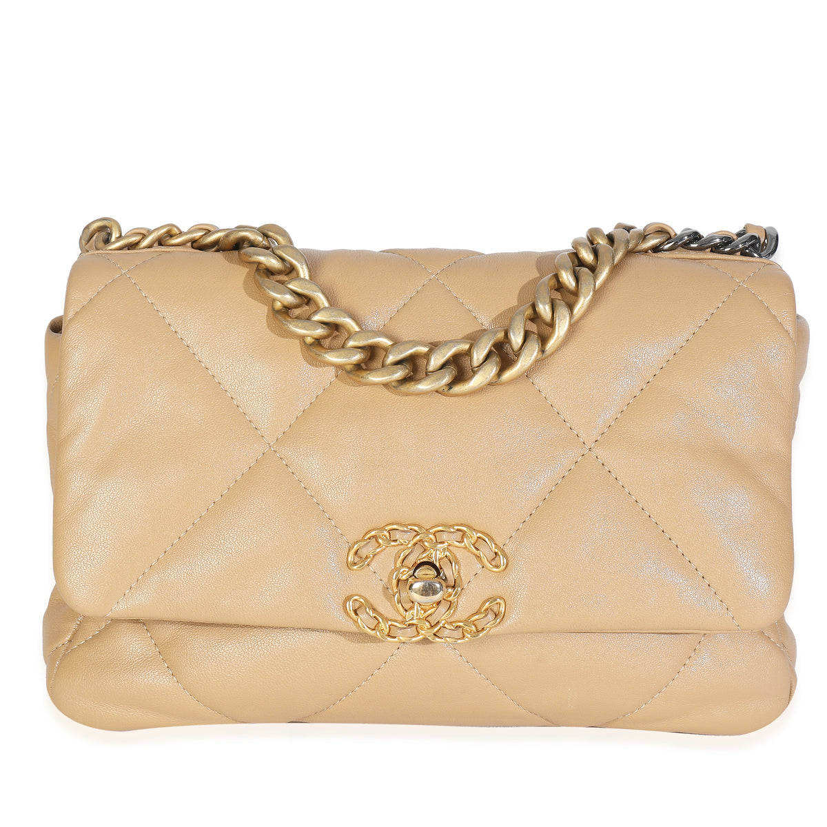 Beige Quilted Lambskin Chanel 19 Flap Bag