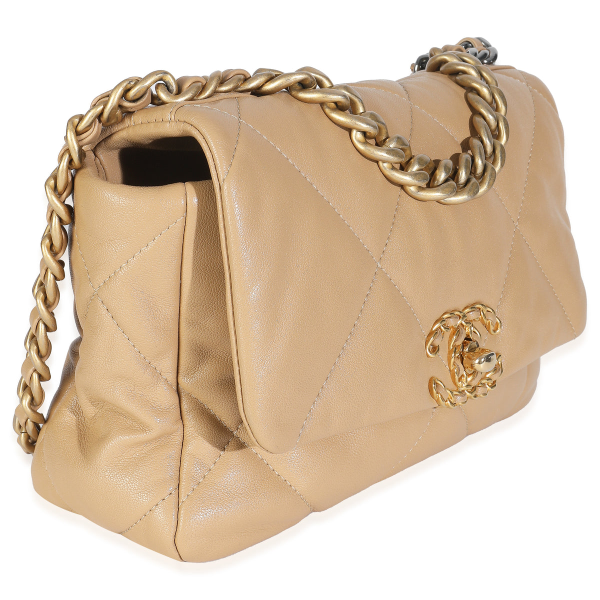 Beige Quilted Lambskin Chanel 19 Flap Bag