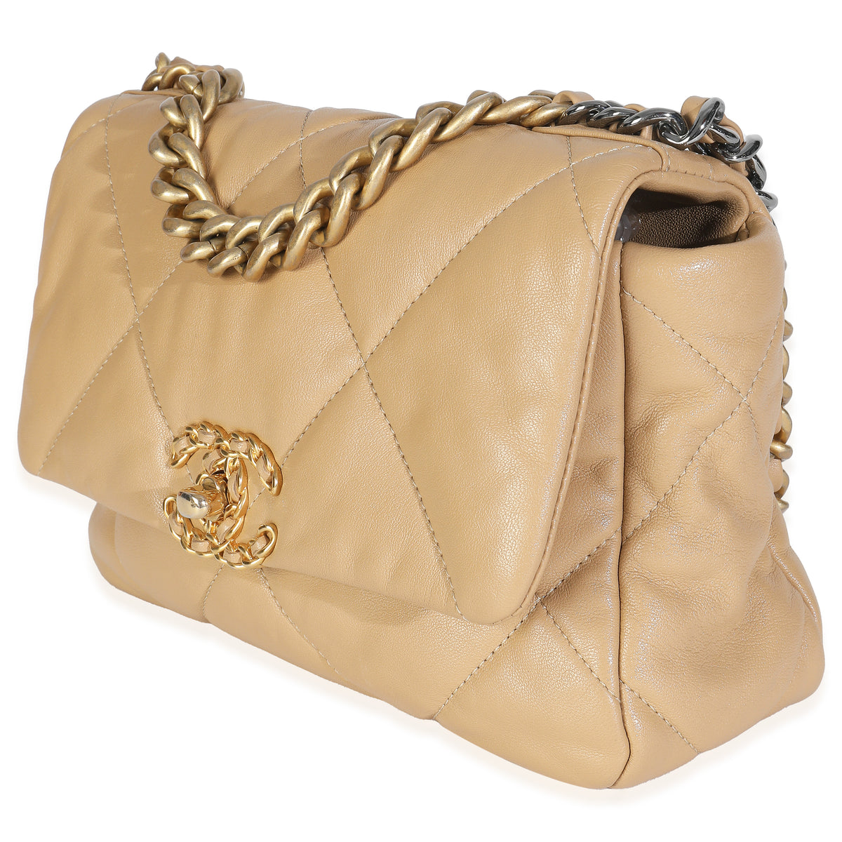 Beige Quilted Lambskin Chanel 19 Flap Bag