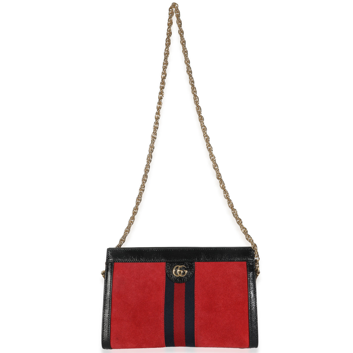 Hibiscus Red Suede Patent Web Small Ophidia Chain Shoulder Bag