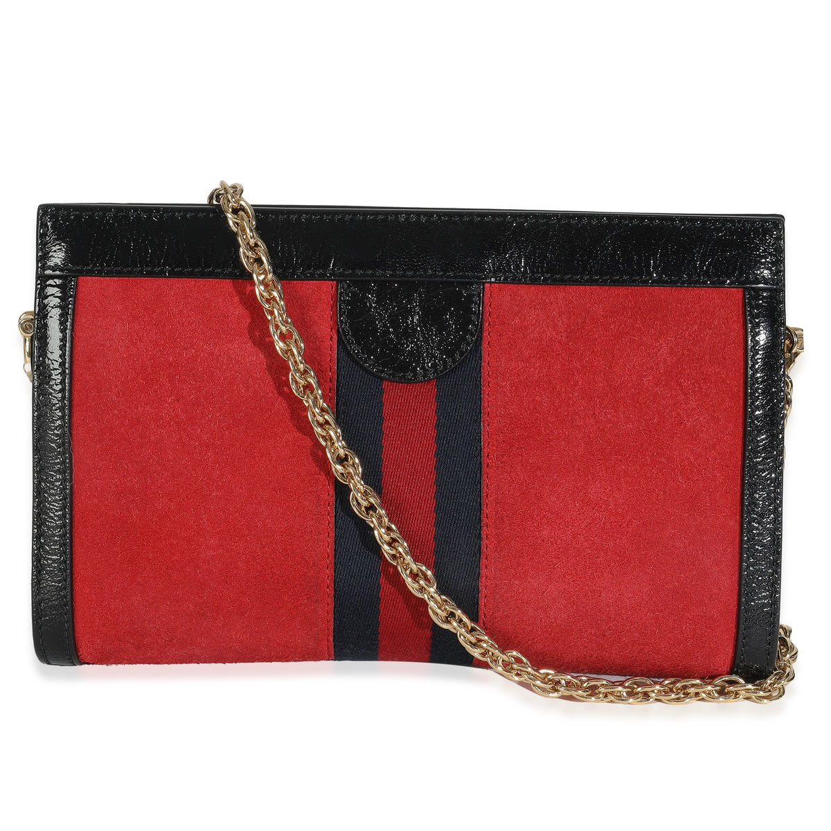 Hibiscus Red Suede Patent Web Small Ophidia Chain Shoulder Bag