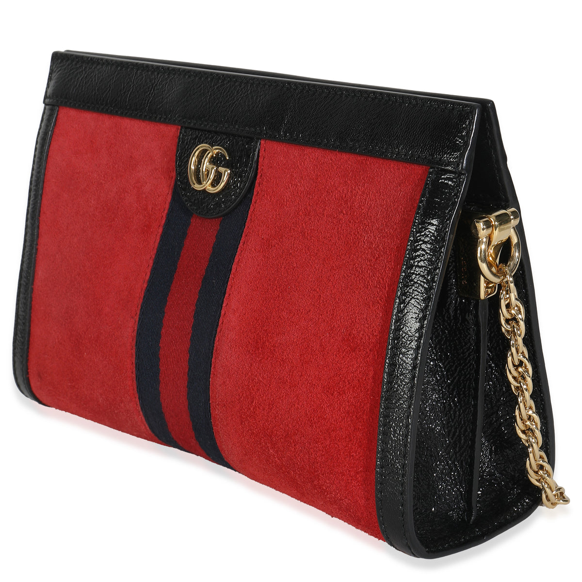 Hibiscus Red Suede Patent Web Small Ophidia Chain Shoulder Bag