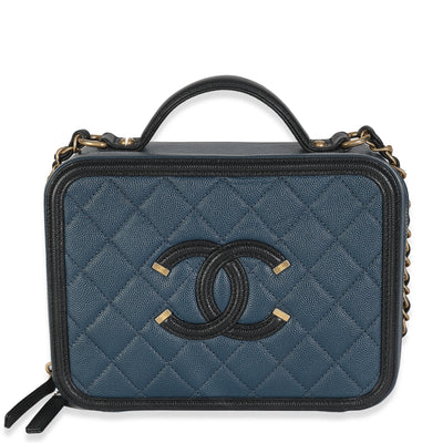 Black Navy Quilted Caviar Medium CC FIligree Vanity Case