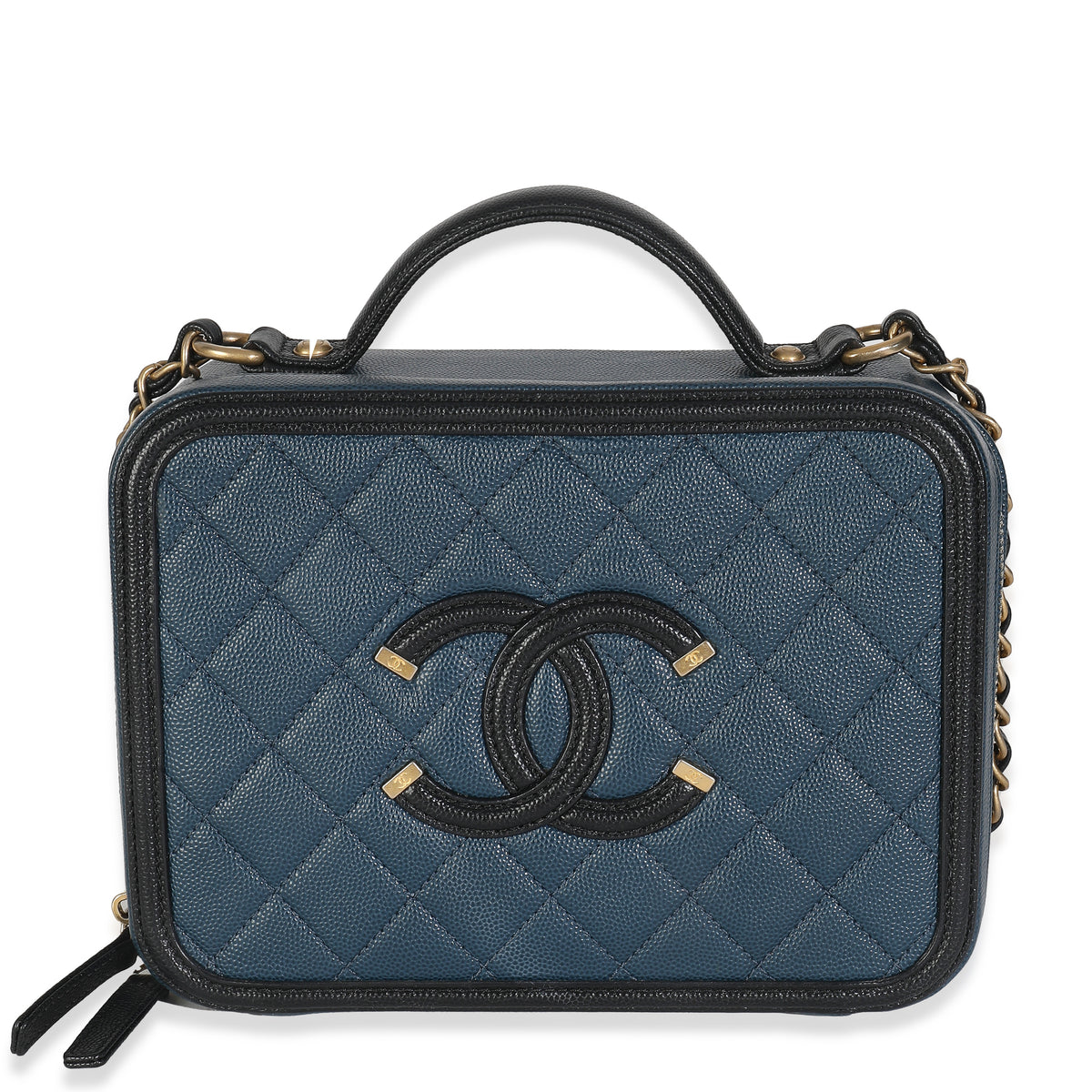 Black Navy Quilted Caviar Medium CC FIligree Vanity Case