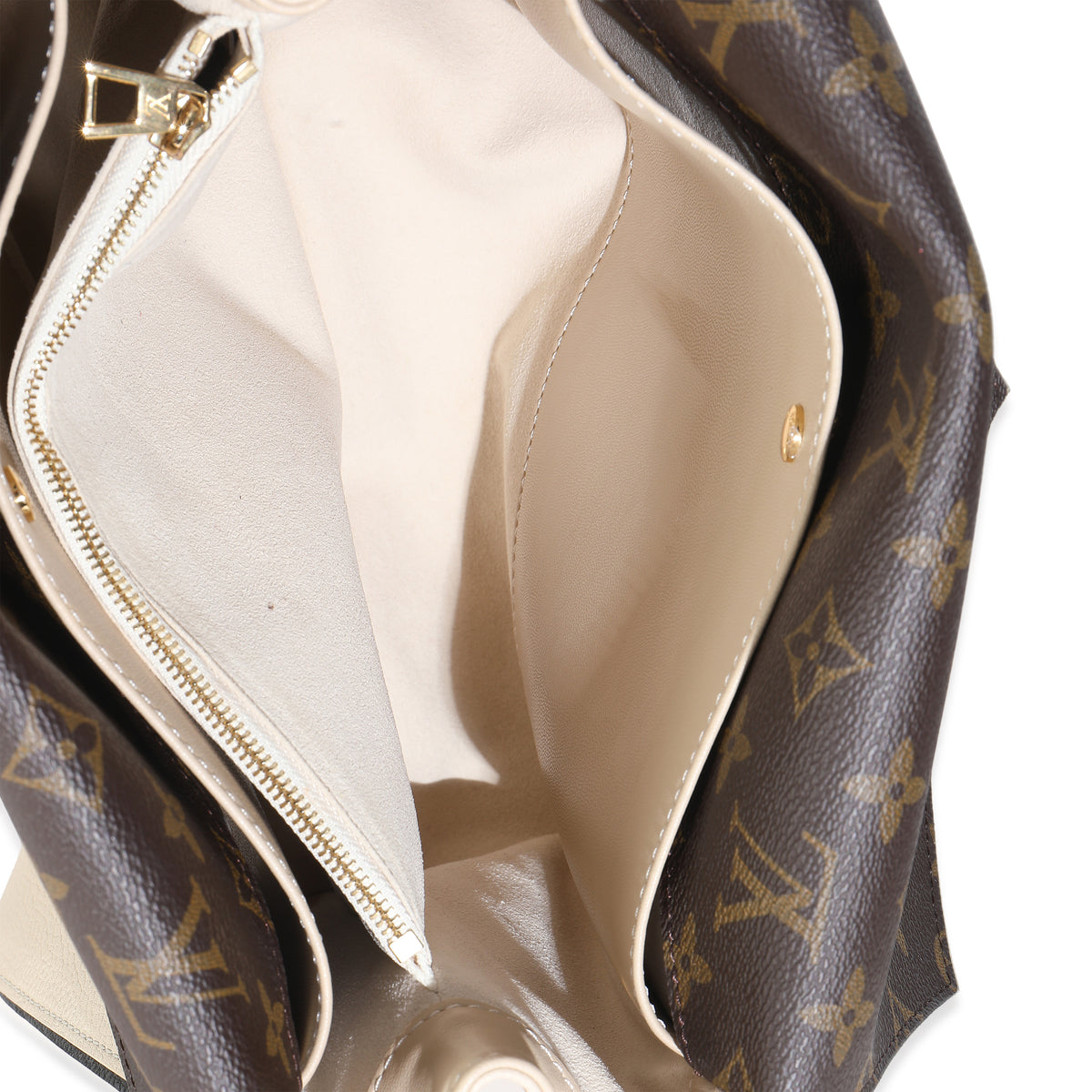 Cream Grained Calfskin Monogram Canvas Double V Tote