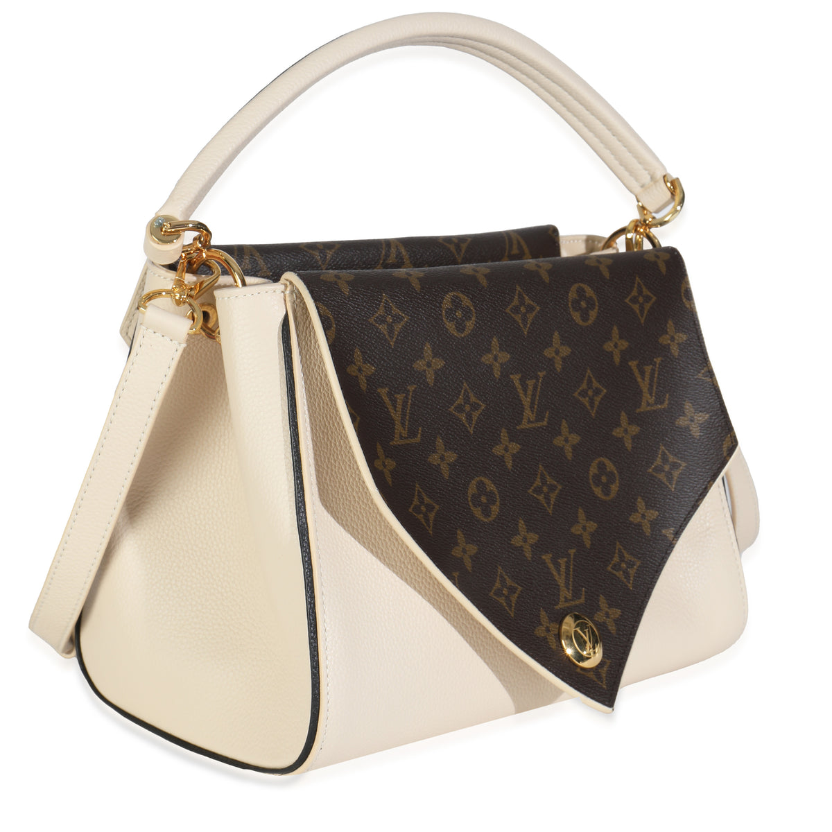 Cream Grained Calfskin Monogram Canvas Double V Tote