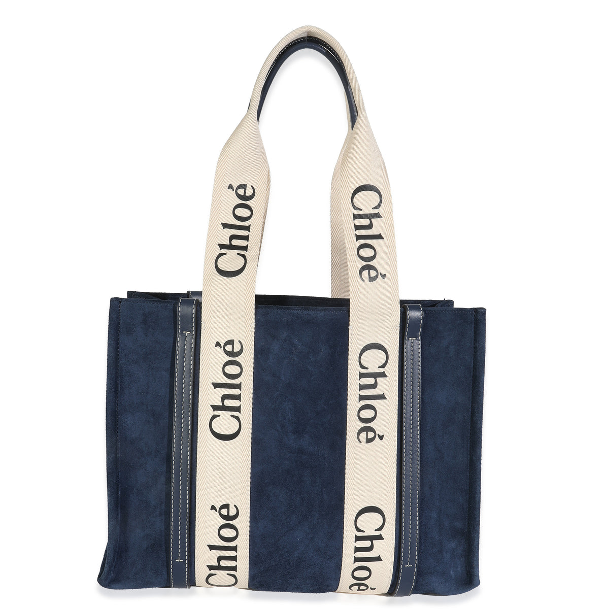 Chloé Navy Suede Calfskin Medium Woody Ribbon Tote Handbag fv