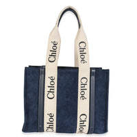 Chloé Navy Suede Calfskin Medium Woody Ribbon Tote Handbag fv