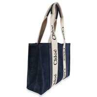 Chloé Navy Suede Calfskin Medium Woody Ribbon Tote Handbag pv