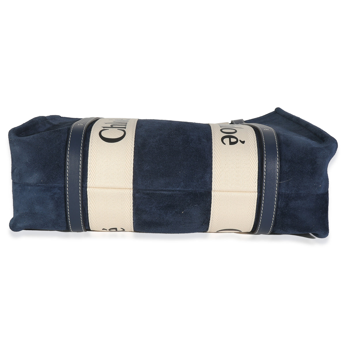 Chloé Navy Suede Calfskin Medium Woody Ribbon Tote Handbag stamp