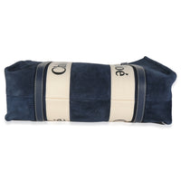 Navy Suede Calfskin Medium Woody Ribbon Tote