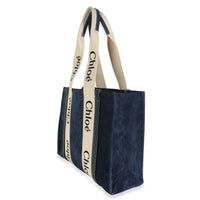 Navy Suede Calfskin Medium Woody Ribbon Tote