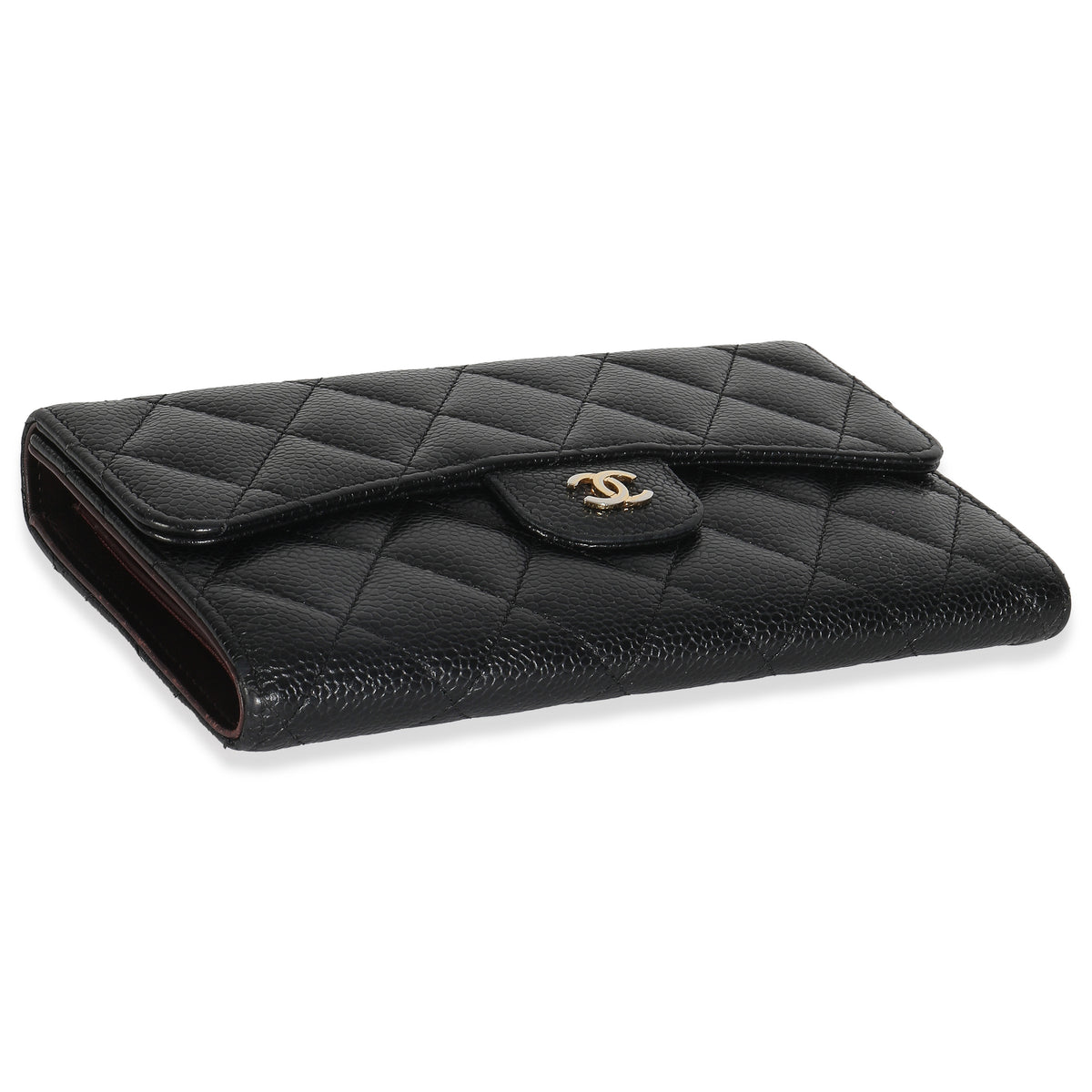 Black Quilted Caviar Long Classic Flap Wallet