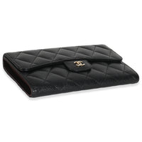 Black Quilted Caviar Long Classic Flap Wallet
