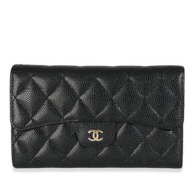 Black Quilted Caviar Long Classic Flap Wallet