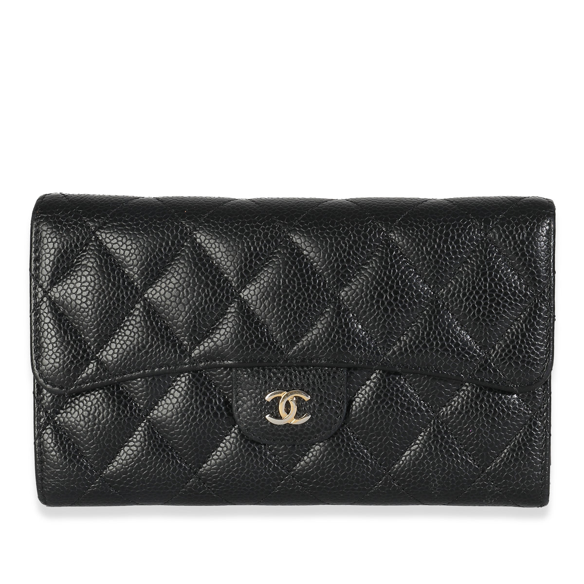 Black Quilted Caviar Long Classic Flap Wallet