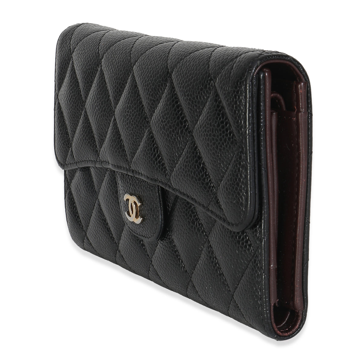 Black Quilted Caviar Long Classic Flap Wallet