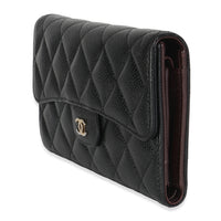 Black Quilted Caviar Long Classic Flap Wallet