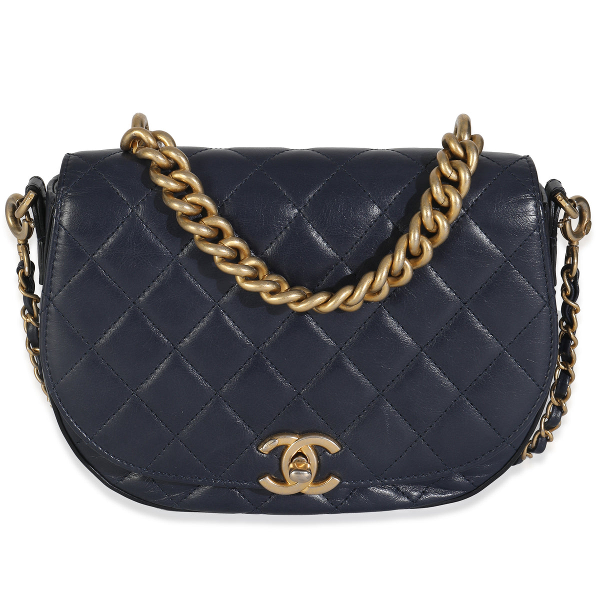 Navy Blue Quilted Calfskin Underline Flap Bag