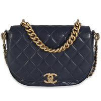 Navy Blue Quilted Calfskin Underline Flap Bag