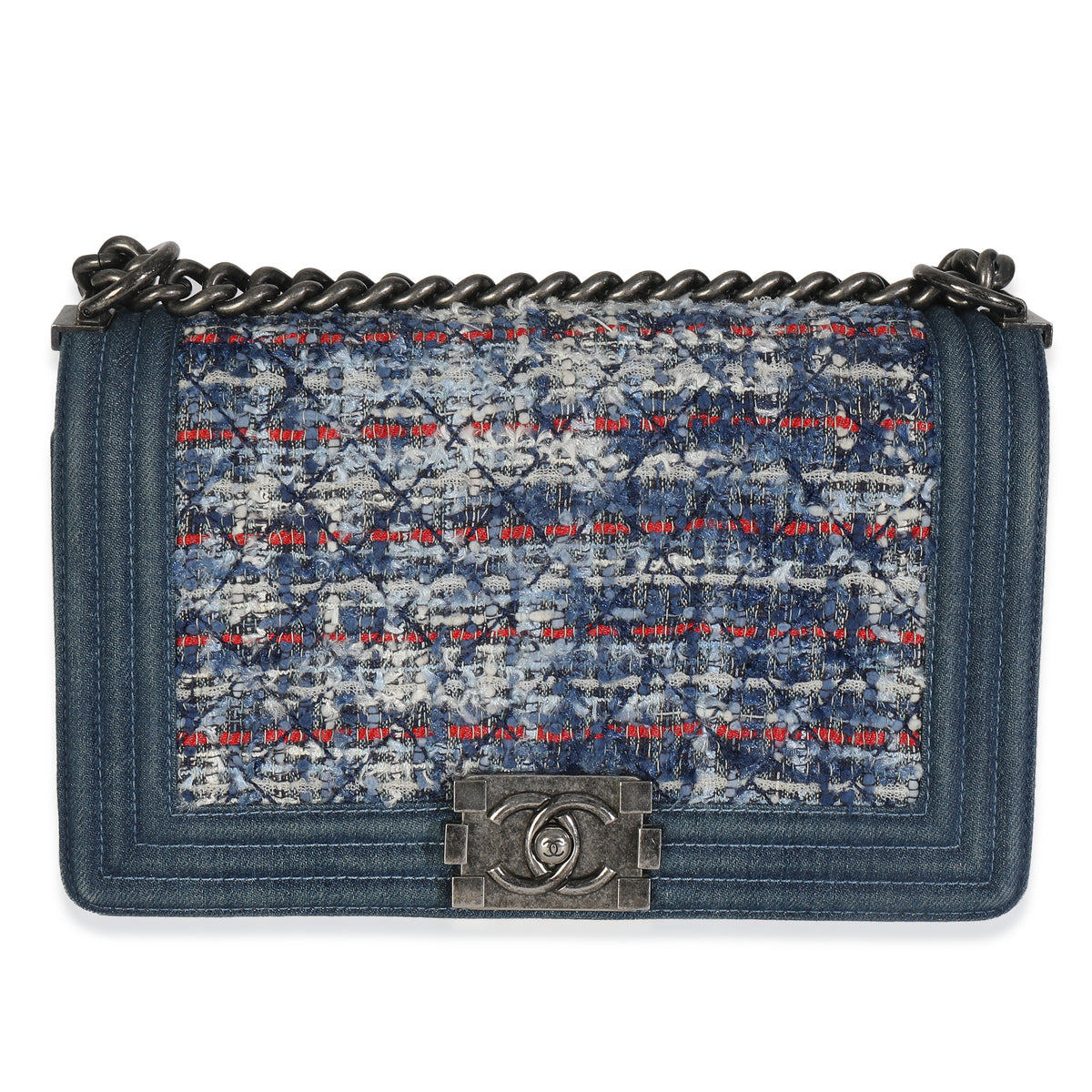 Chanel Blue Multicolor Denim Quilted Tweed Old Medium Boy Bag Handbag fv